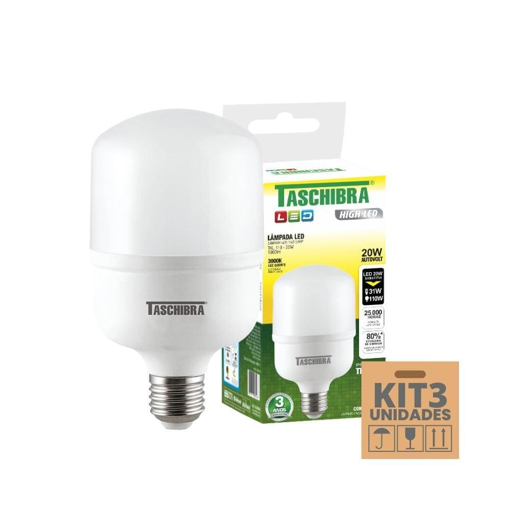 Kit 3 Lâmpadas High Led Tkl 20W Taschibra E27 Bivolt 3000K