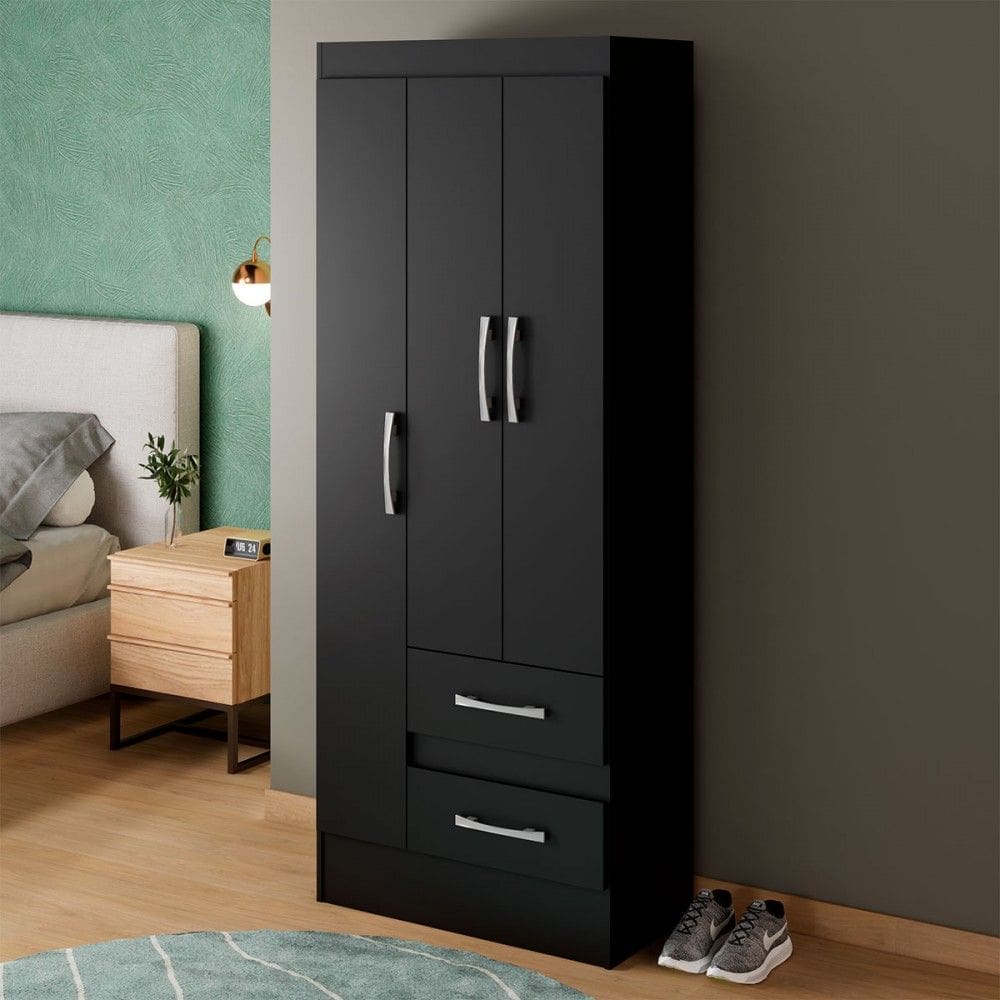 Guarda-Roupa Solteiro Sartori 3 Portas 2 Gavetas Preto - Pnr Móveis
