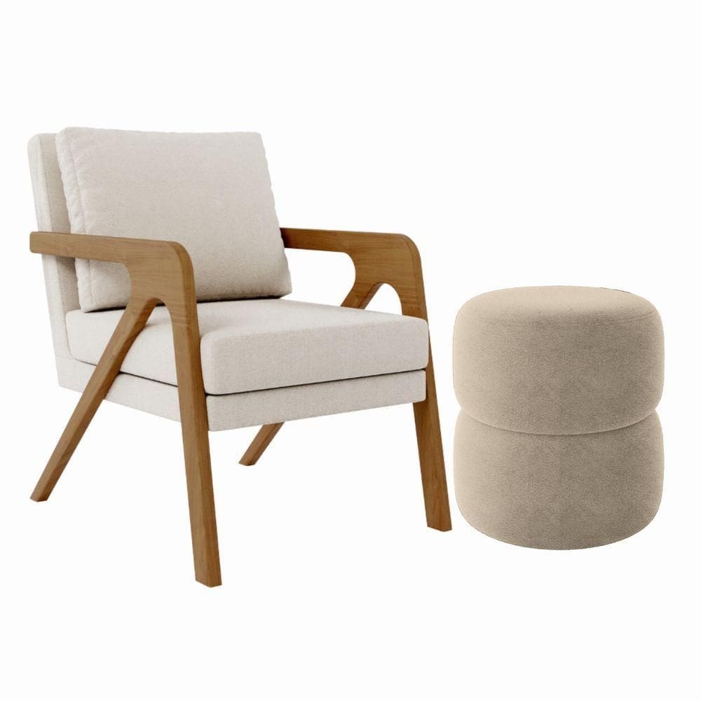 Kit Poltrona E Puff Decorativo Escritório Sala Recepção Maia Linho Bege