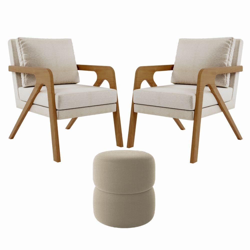 Kit 2 Poltrona Decorativa Puff Sala Moderno Escritório Maia Linho Bege