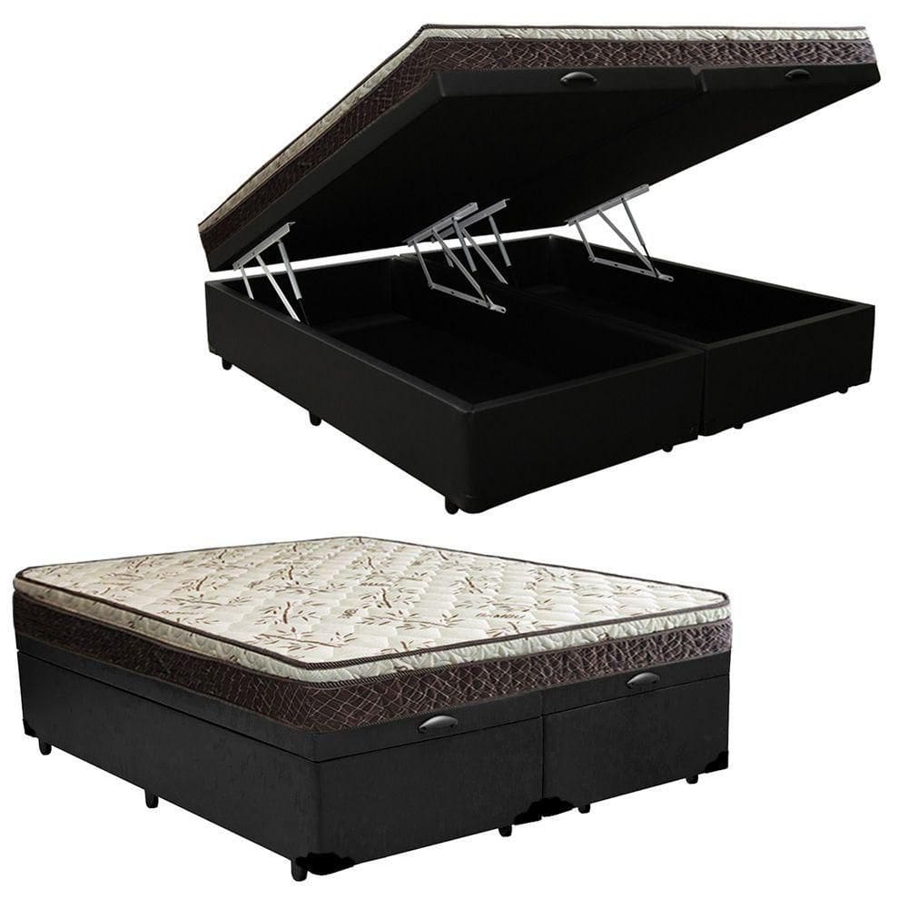 Cama Box Baú Queen Sintético Bipartido + Colchão Elegance Ortopédico Espuma D33 Extra Firme 158x198x63 Cor:preto
