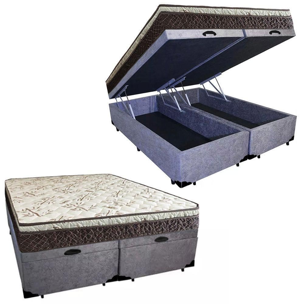 Cama Box Baú Queen Suede Bipartido + Colchão Elegance Ortopédico Espuma D33 Extra Firme 158x198x63 Cor:cinza