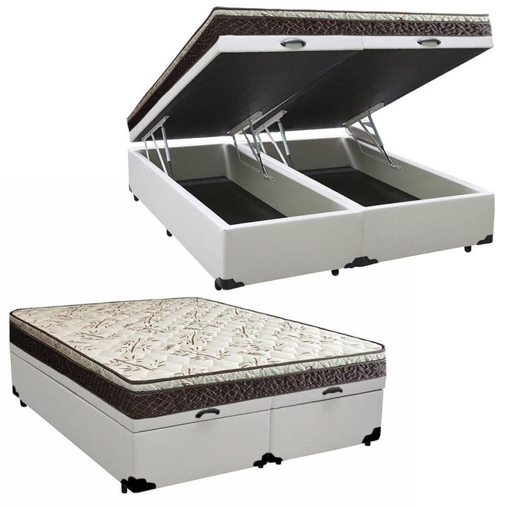 Cama Box Baú Queen Sintético Bipartido + Colchão Elegance Ortopédico Espuma D33 Extra Firme 158x198x63 Cor:branco