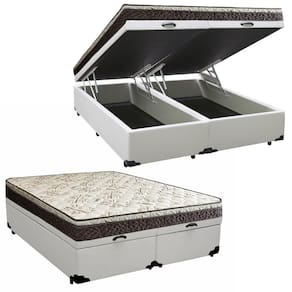 Cama Box Baú Queen Sintético Bipartido + Colchão Elegance Ortopédico Espuma D33 Extra Firme 158x198x63 Cor:branco