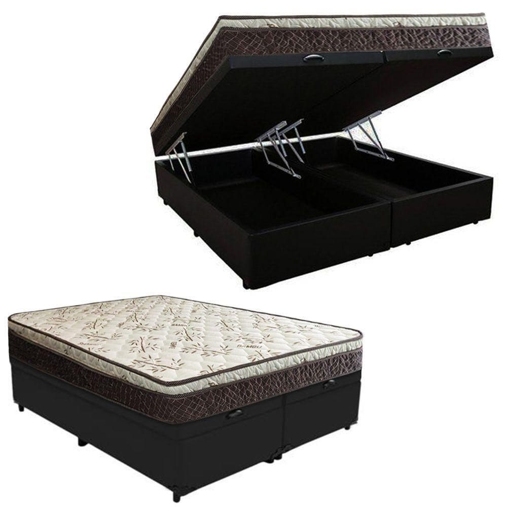 Cama Box Baú Queen Suede Bipartido + Colchão Elegance Ortopédico Espuma D33 Extra Firme 158x198x63 Cor:preto