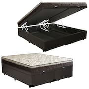 Cama Box Baú Queen Sintético Bipartido + Colchão Elegance Ortopédico Espuma D33 Extra Firme 158x198x63 Cor:marrom