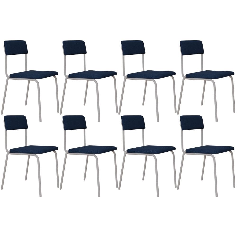 Kit 08 Cadeiras Estofada Para Sala de Jantar Sense Branco C01 Linho Azul Escuro - Lyam Decor