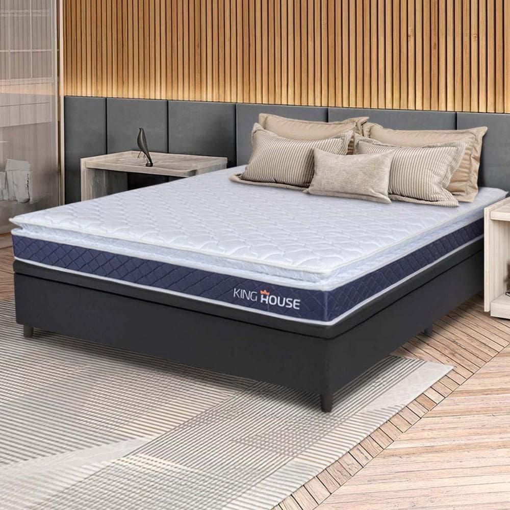 Conjunto Box Baú Preto Durban Azul Espuma D28 Casal 138x188x64 - King House