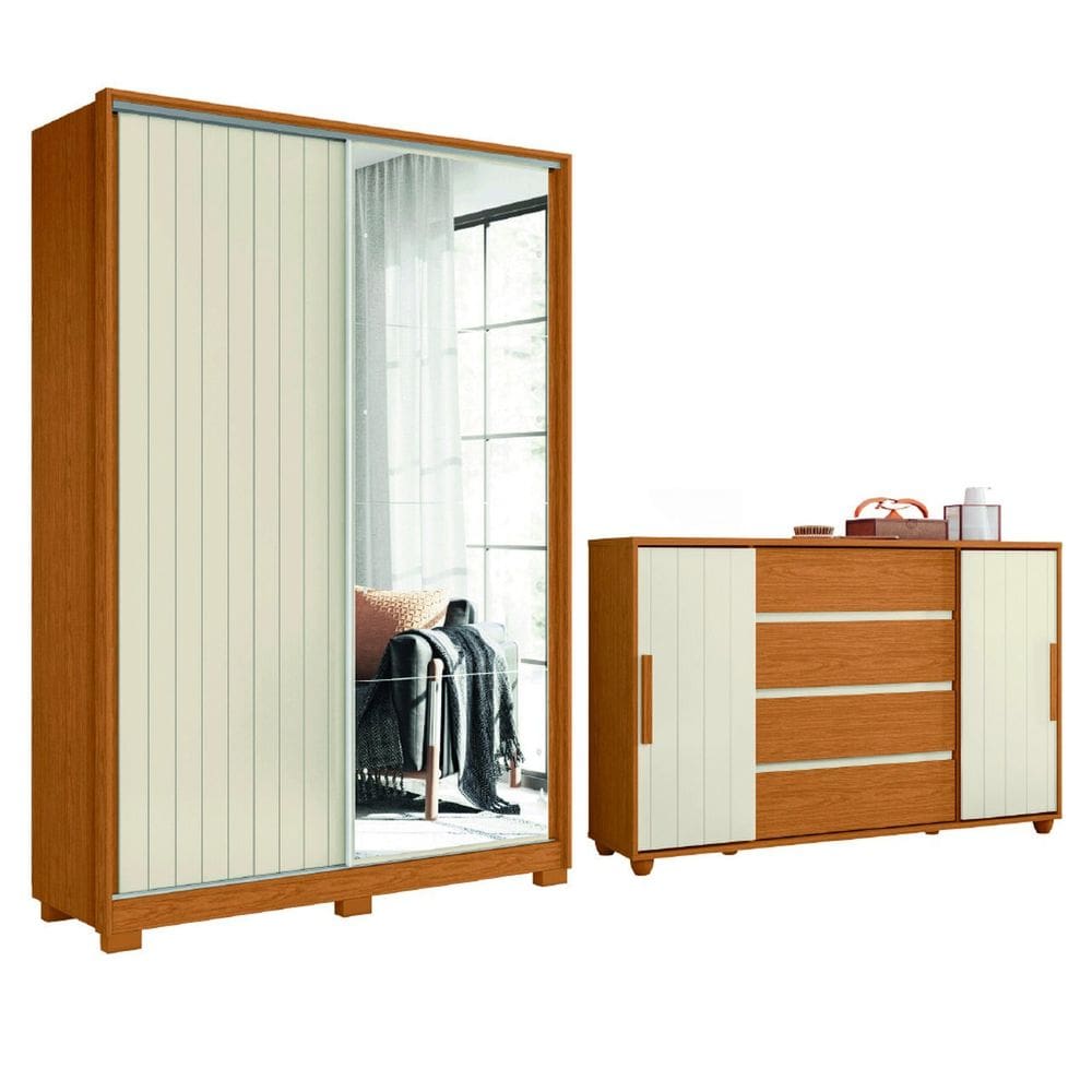Conjunto de Quarto Guarda Roupas com Espelho 2 Portas de Correr e Cômoda Hera Flex Madeirado/Off Whi