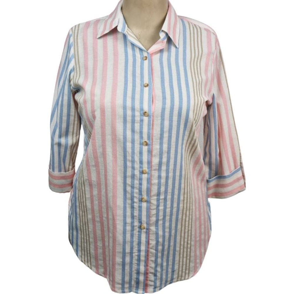 Camisa Feminina Lu Ripper Manga 3/4 Listras Linho