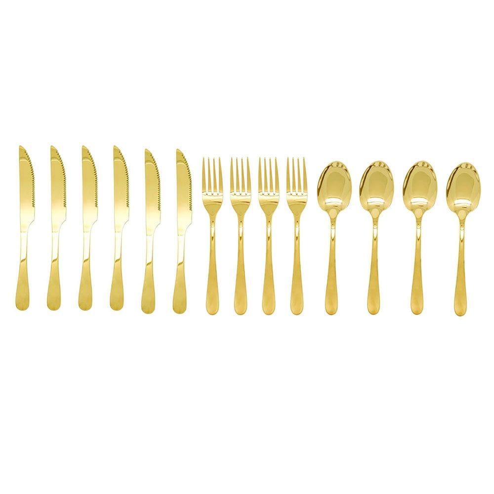 Talheres de Mesa Faqueiro Dourado Inox Colher Garfo Faca Carne 12un