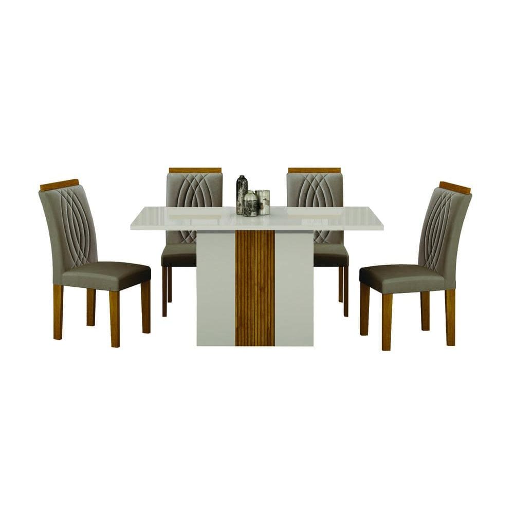 Conjunto de Mesa de Jantar Doha Off White e Freijó e 6 Cadeiras Juli Camurça