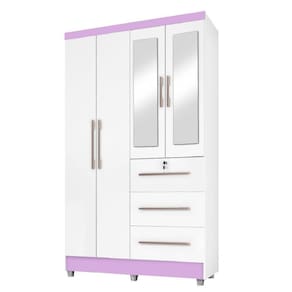 Guarda Roupas Solteiro Com Espelho 4 Portas 3 Gavetas Com Pés Tokio Branco / Branco Lilás Flex Branc
