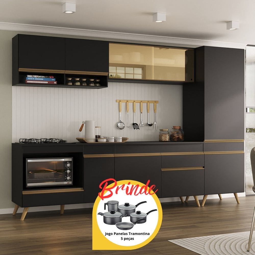 Cozinha Modulada Completa Compacta 287cm com Balcão para Cooktop Veneza Multimóveis MP2267