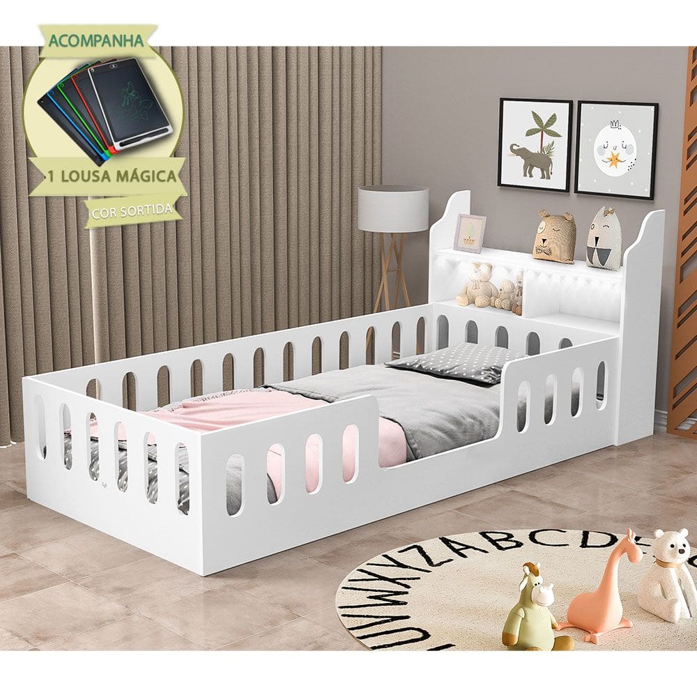 Cama de Criança Reforçada Helo Solteiro com Nicho, Led e Lousa Mágica - Branca