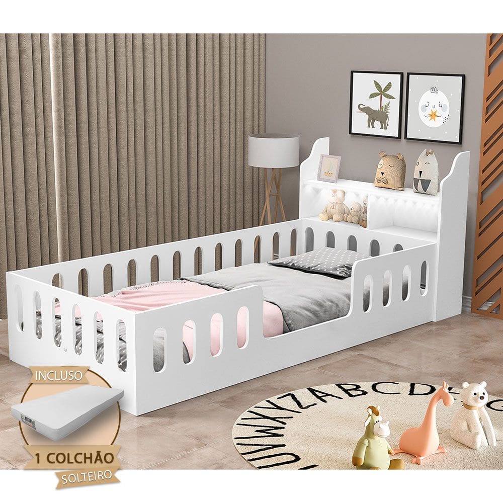 Cama de Criança Infantil Helo Solteiro com Colchão + Nicho e Led Branca