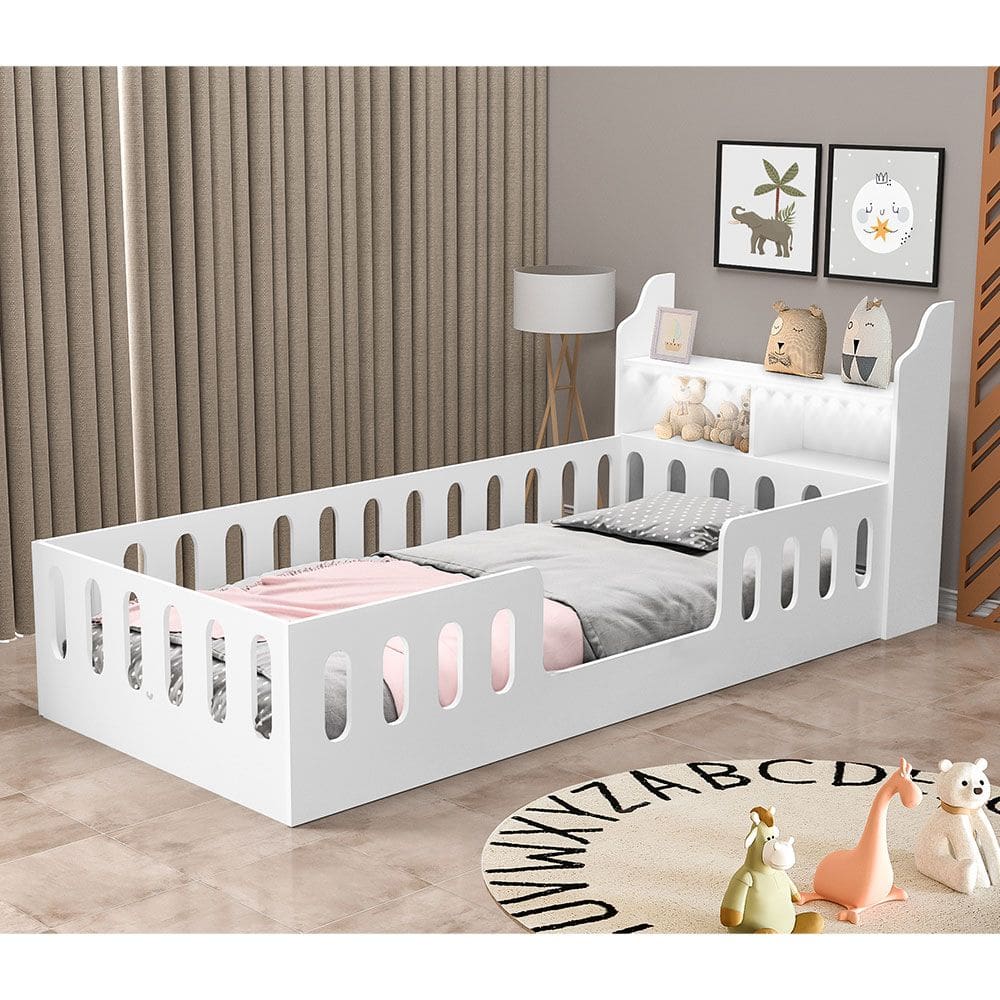 Cama Infantil Reforçada Montessoriana Helo Solteiro com Nicho e Led - Branca