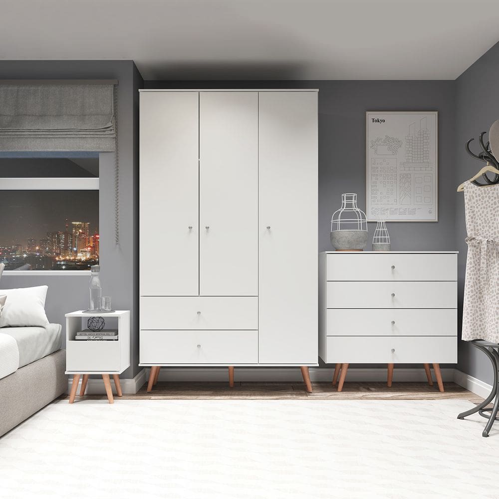 Kit Quarto Solteiro Retrô com Guarda-Roupa Cômoda Mesa Branco