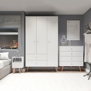 Kit Quarto Solteiro Retrô com Guarda-Roupa Cômoda Mesa Branco