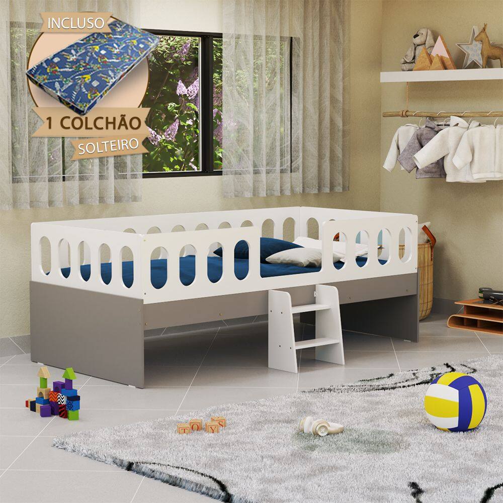 Cama Juvenil Lara Solteiro Criança com Escadinha e Colchão Branco e Cinza - Baby Mobília