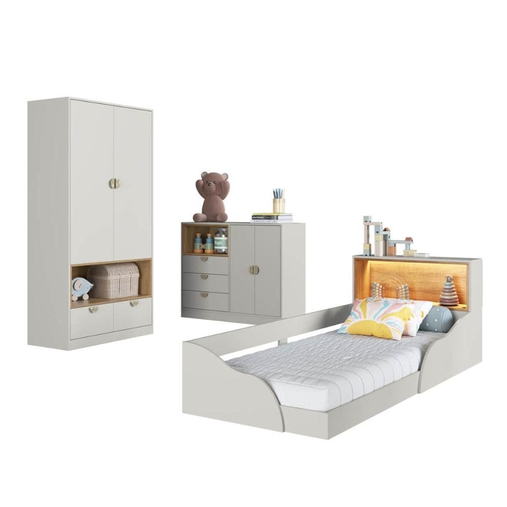 Quarto Infantil Completo Guarda Roupa Cômoda e Cama Montessoriana Lille CJ076 Branco - Art In Móveis