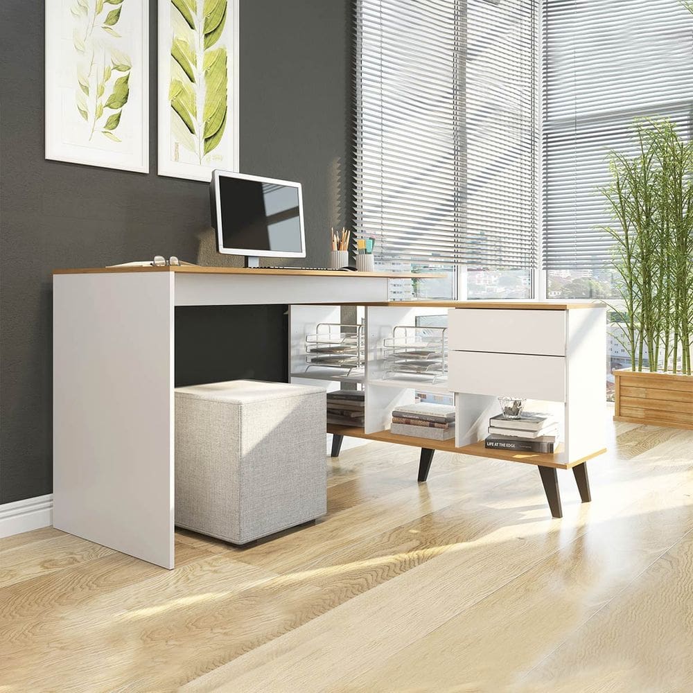 Mesa Escritório em L com 2 Gavetas Retrô Branco Tampo Carvalho 76x145cm