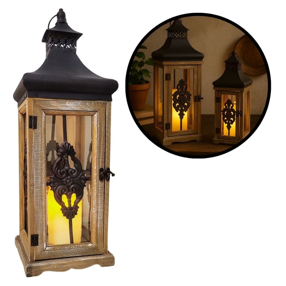 Lanterna Decorativa Iluminada Madeira e Ferro Rústico Com Vela LED 55cm - Empório Decor