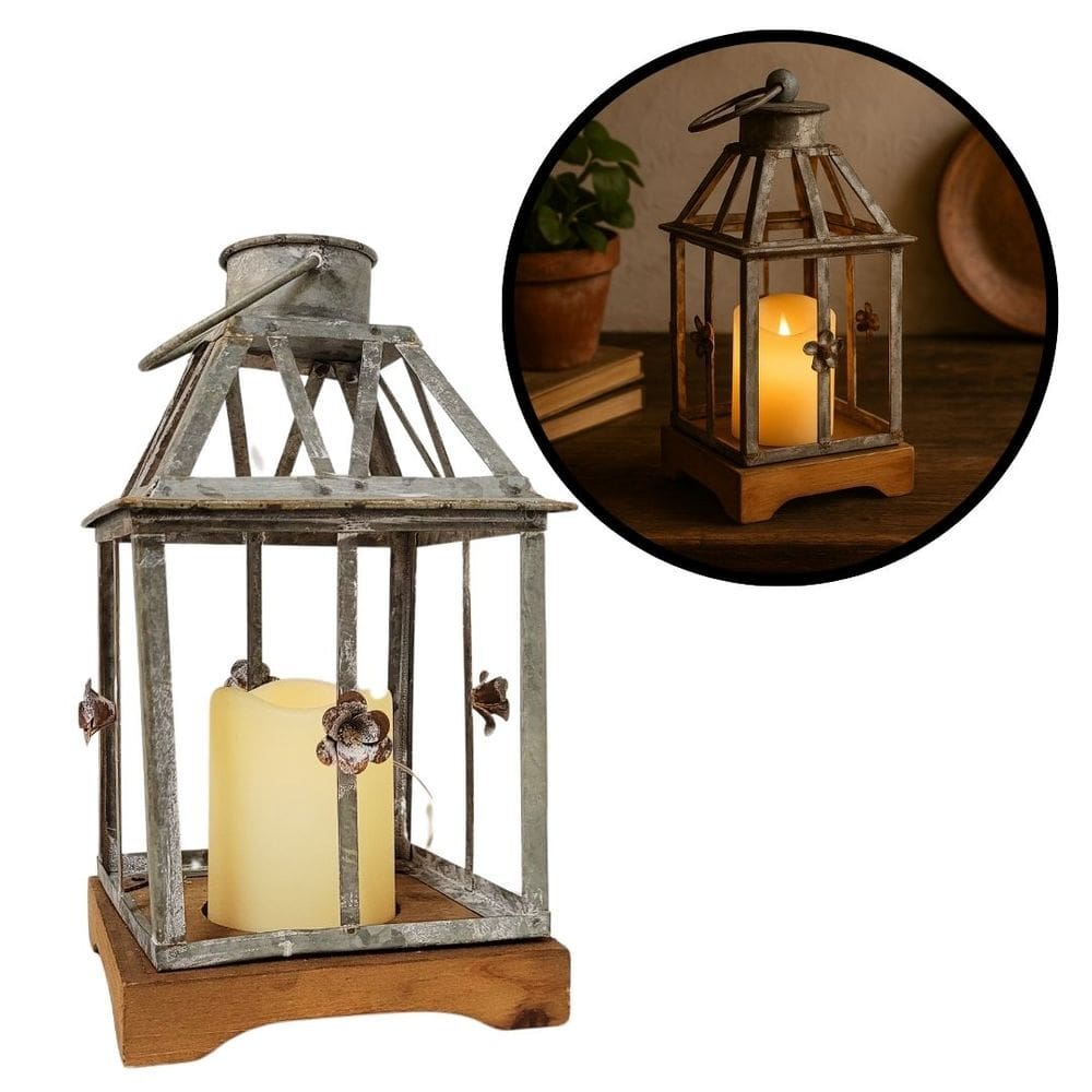 Lanterna Decorativa Iluminada Ferro e Madeira Cinza Envelhecido 28cm - Bela Flor