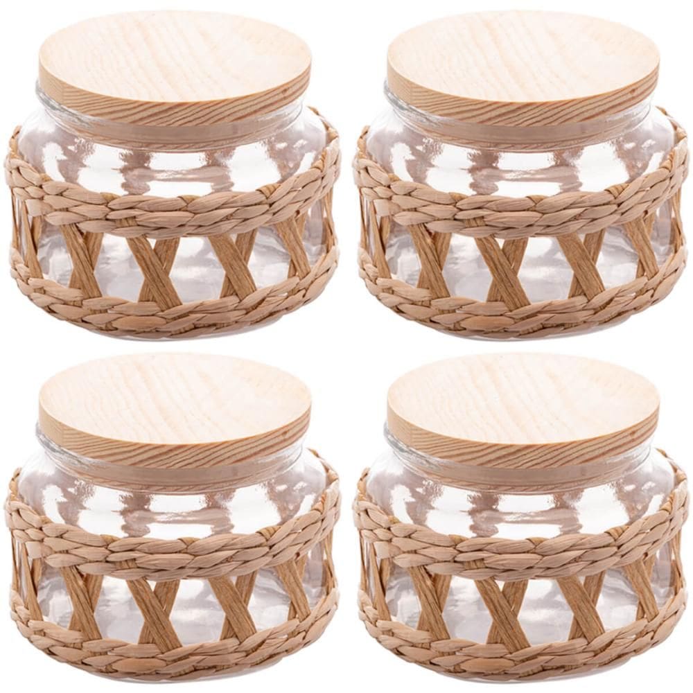 4 Potes Redondos Vidro Sisal Vedação Hermética 350ml Madeira