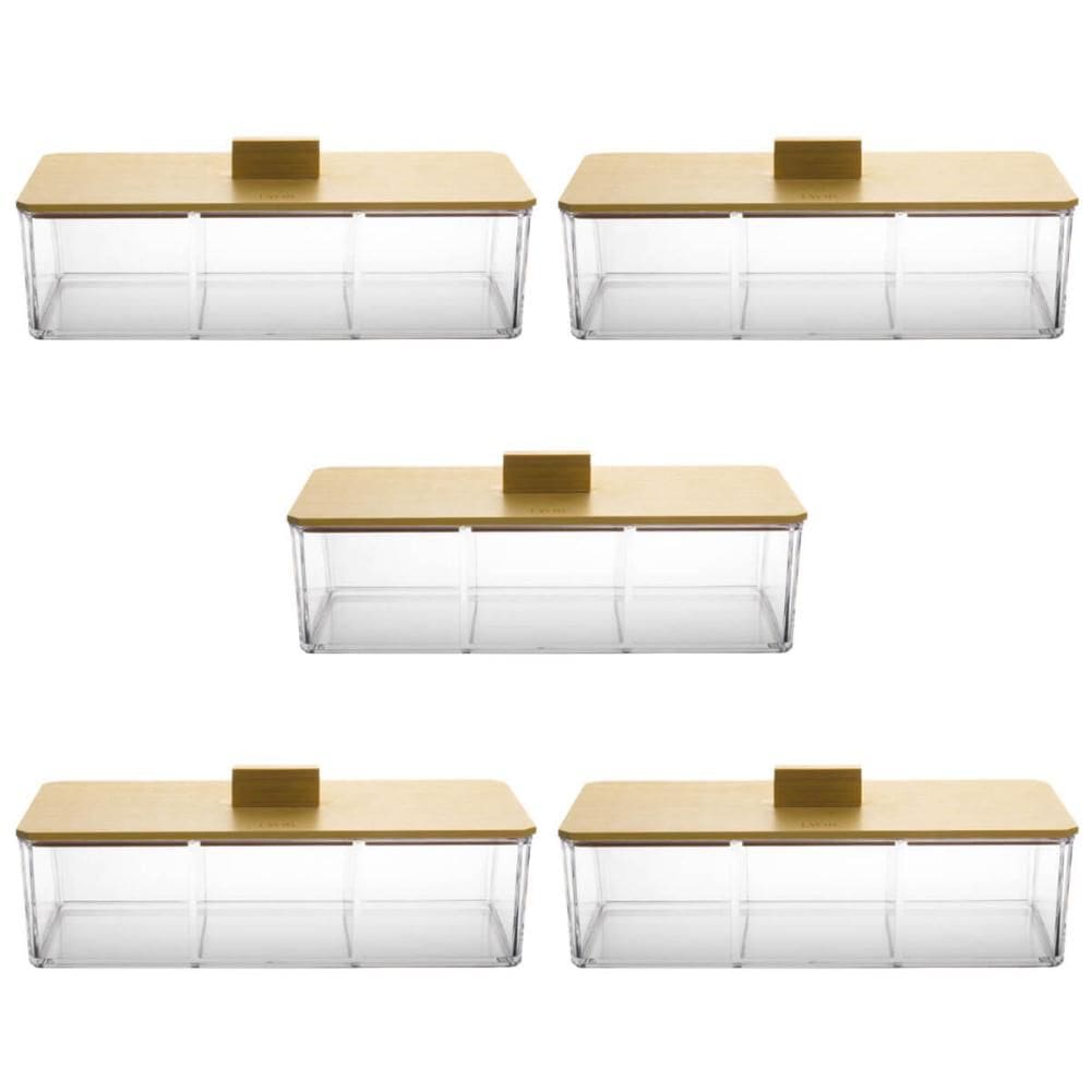 Kit 5 Caixas para Chá Organizador 3 Divisórias Plástico Tampa Bambu Lyor Joias Escritório