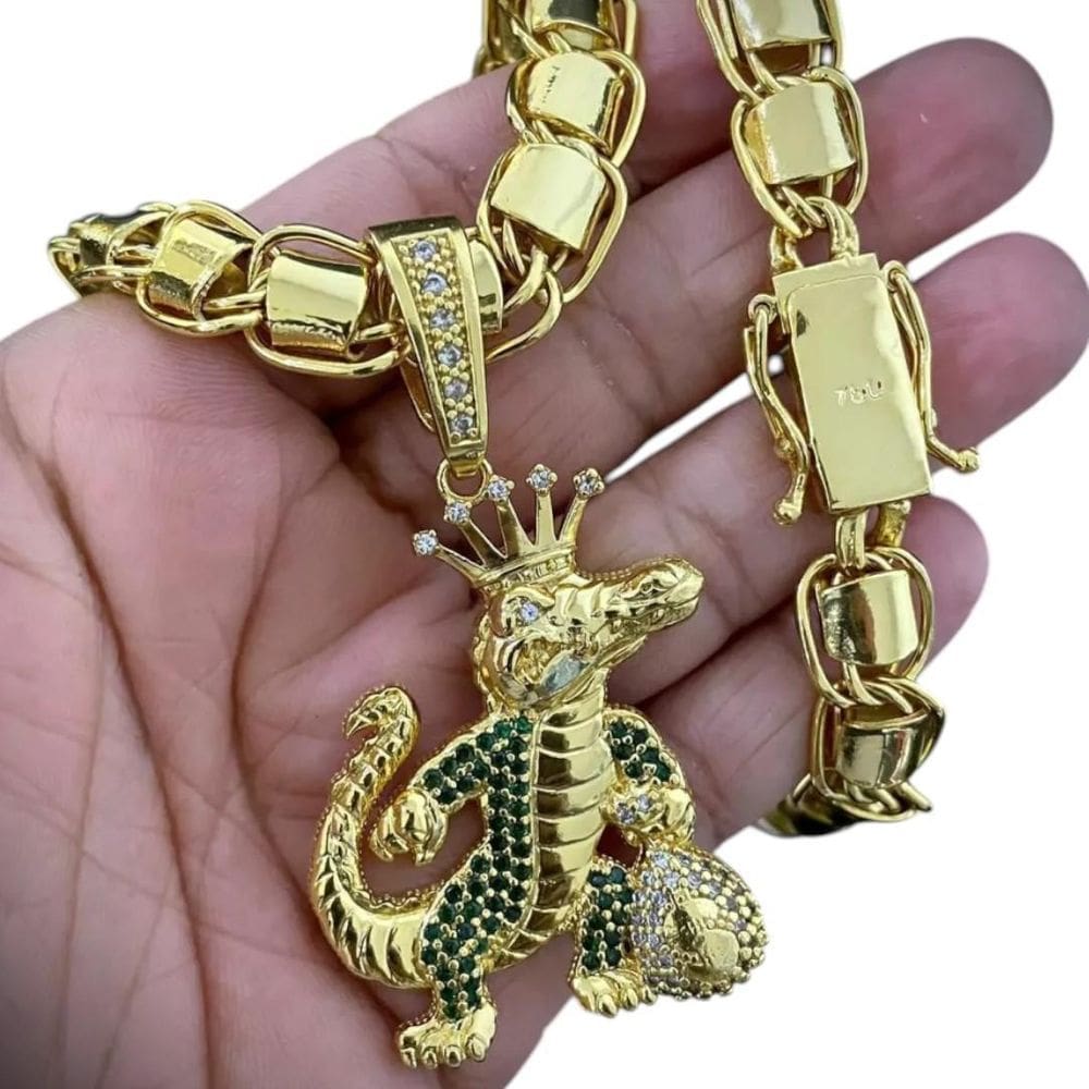 Cordão 10Mm Dubai + Pingente Jacaré Rei - Banhado A Ouro
