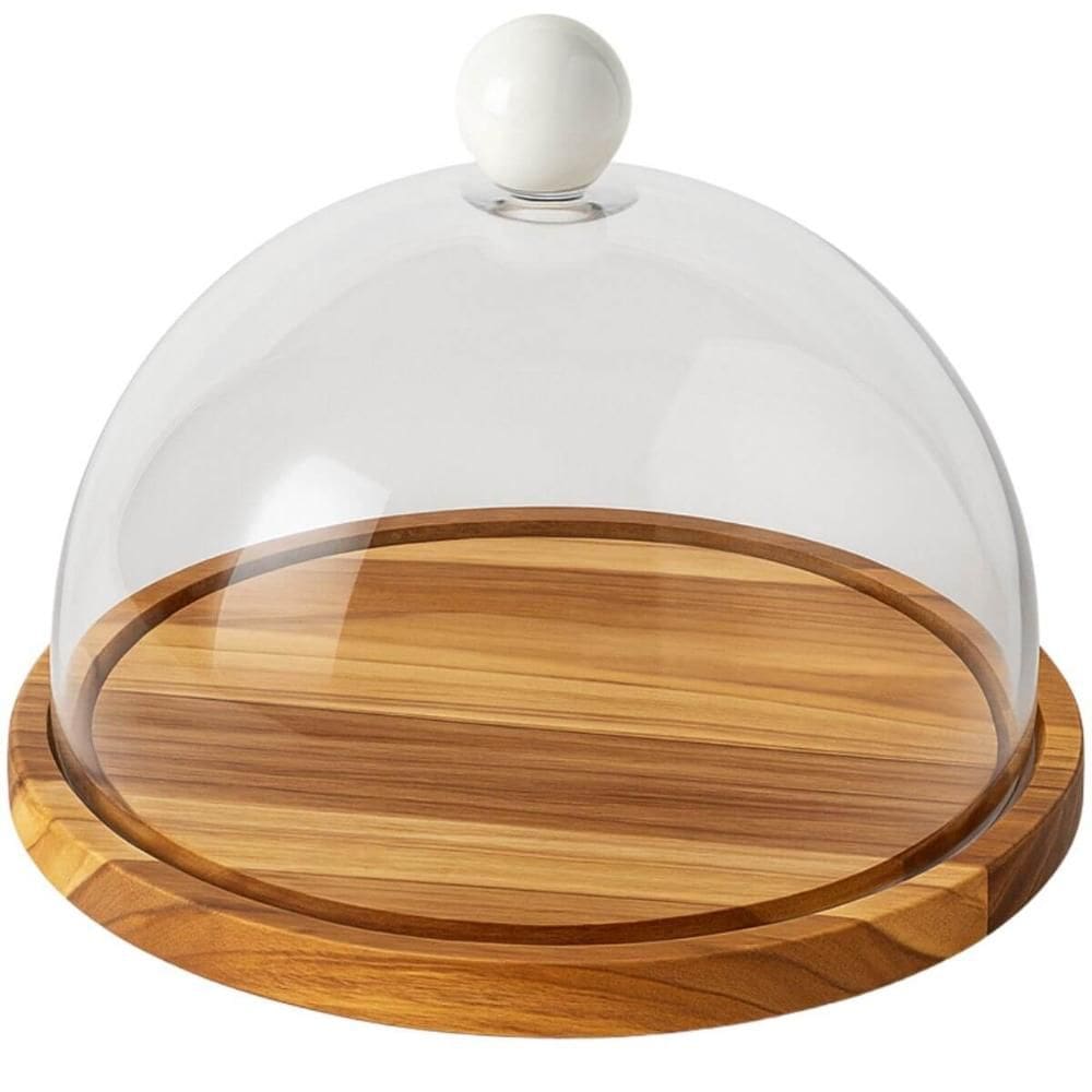 Boleira Madeira Teca com Cúpula Plástica Bubble 32cm Porta Bolo de Mesa Zanline