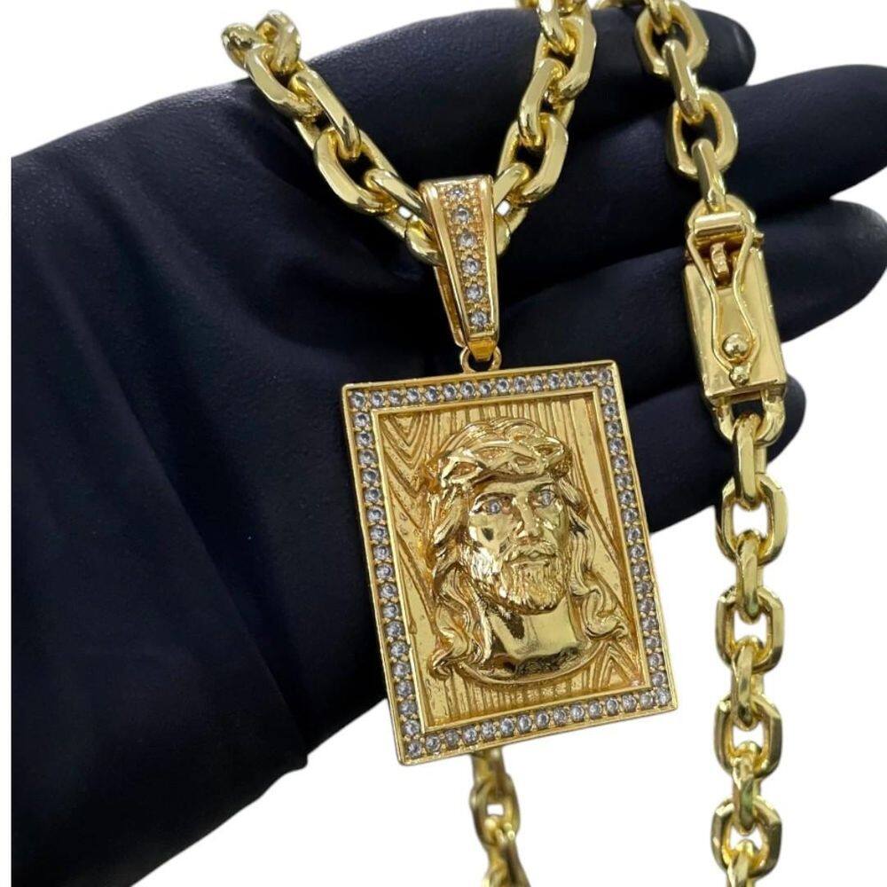 Cordão 8Mm Cadeado + Pingente Jesus Face - Banhado A Ouro