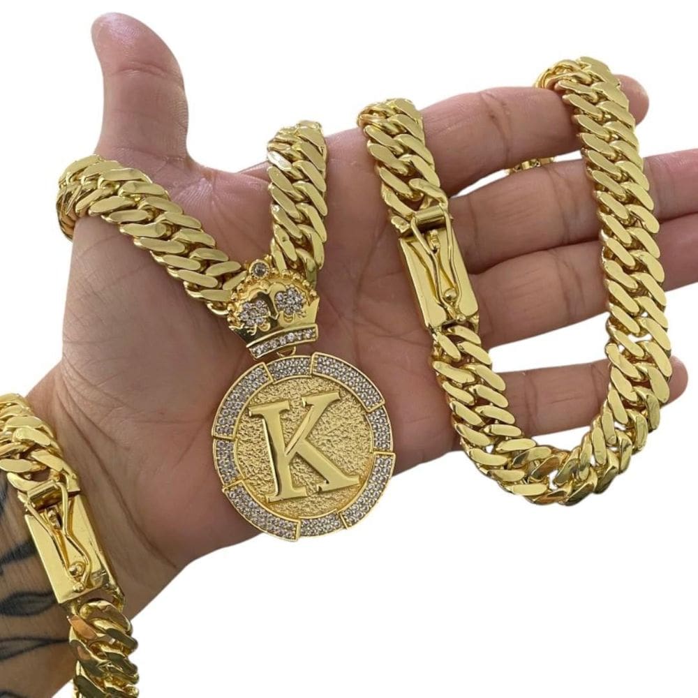 Cordão + Pulseira 13Mm Grumet + Letra - Banhado A Ouro