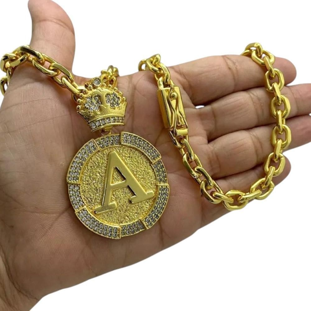 Cordão 8Mm Cadeado + Pingente Letra - Banhado A Ouro