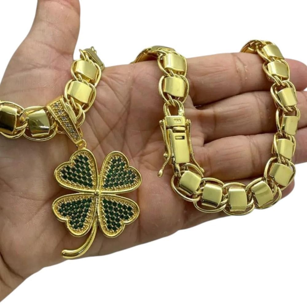 Cordão 10Mm Dubai + Pingente Trevo Da Sorte - Banhado A Ouro