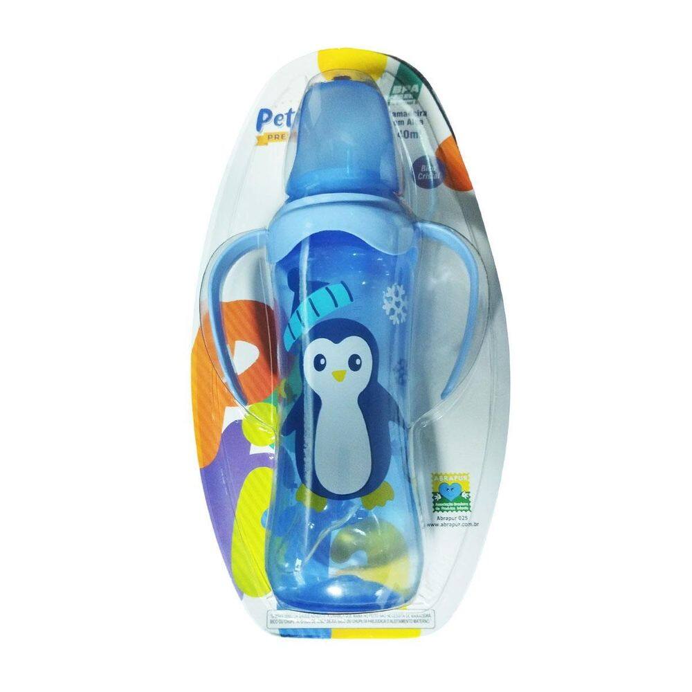 Mamadeira Com Alça Azul Pinguim 240Ml Petita