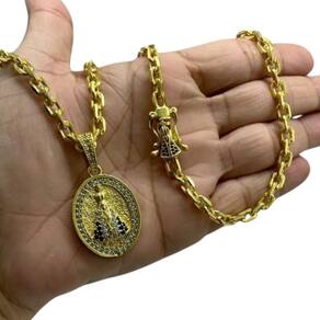 Cordão 6Mm Cadeado + Pingente Nossa Senhora - Banhado A Ouro