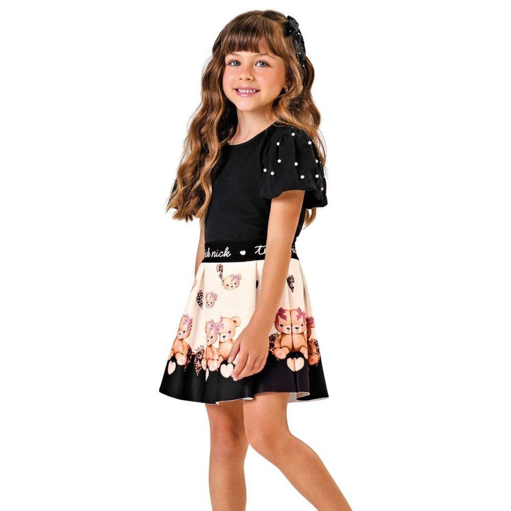 Conjunto Infantil Blusa Balonê Pérolas Saia Ursos Trick Nick