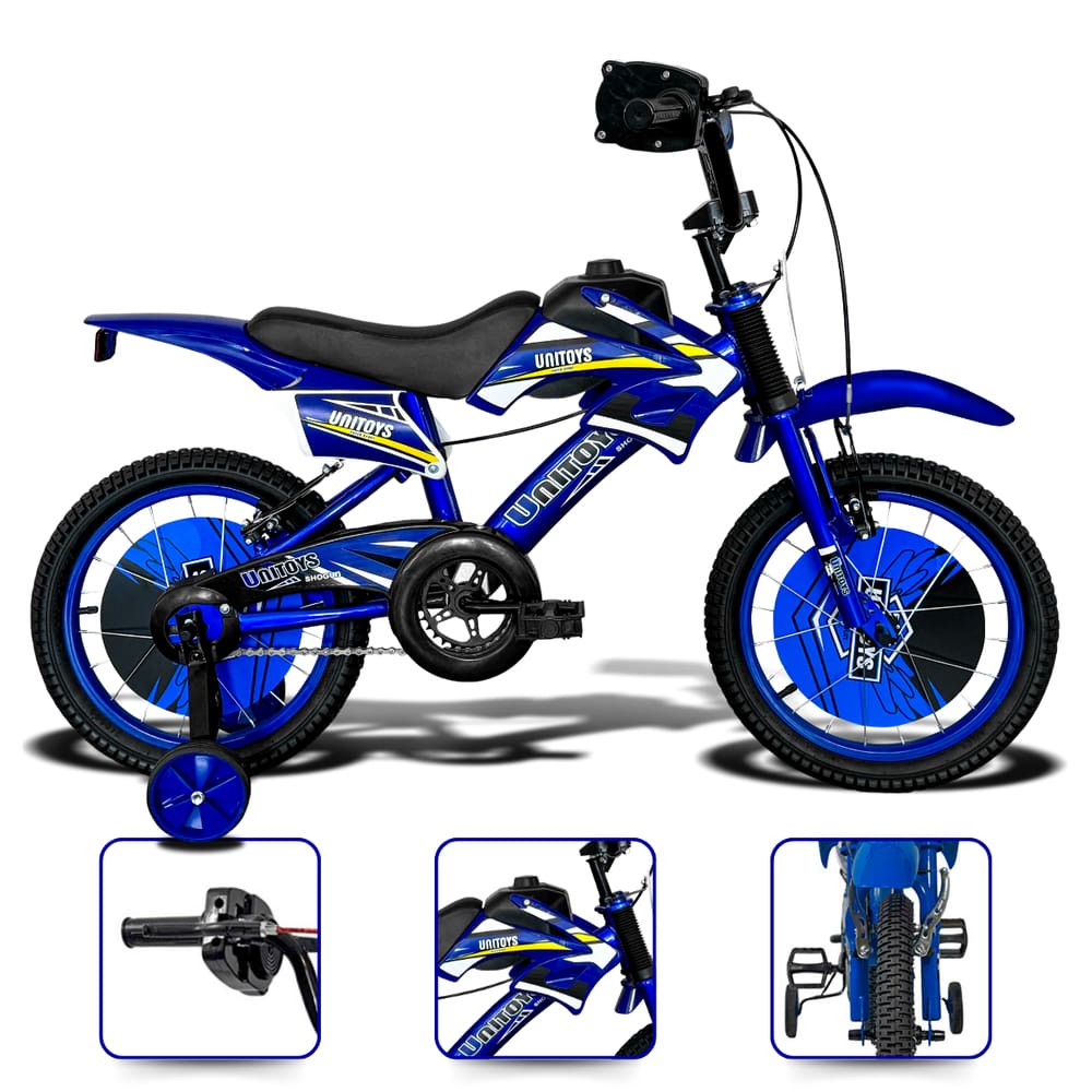 Bicicleta Infantil aro 16 Motocross Azul com som de moto rodinhas freio v brake