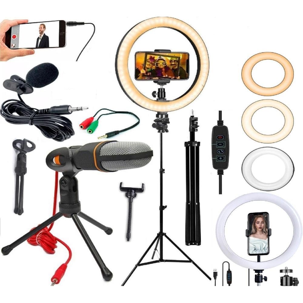 Kit Youtuber Tripé Microfone Condensador Mesa Luz Led Ring