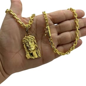 Cordão 6Mm Cadeado + Pingente Jesus Face - Banhado A Ouro