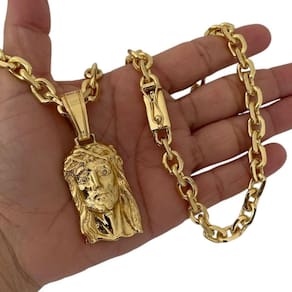 Cordão 8Mm Cadeado + Pingente Jesus Face - Banhado A Ouro