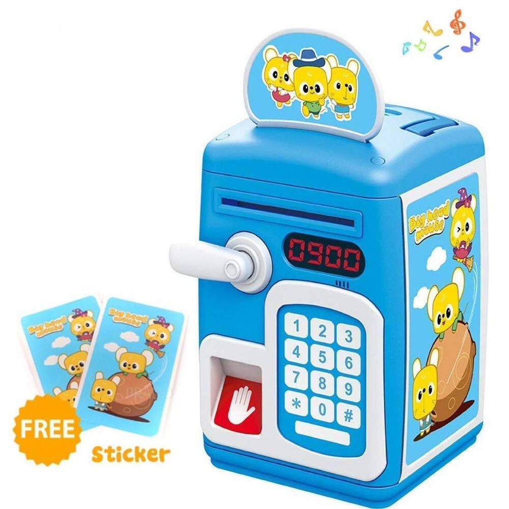 Cofrinho Digital Infantil Senha Biometria Decorativa Economia Mesada Moedas Notas Azul