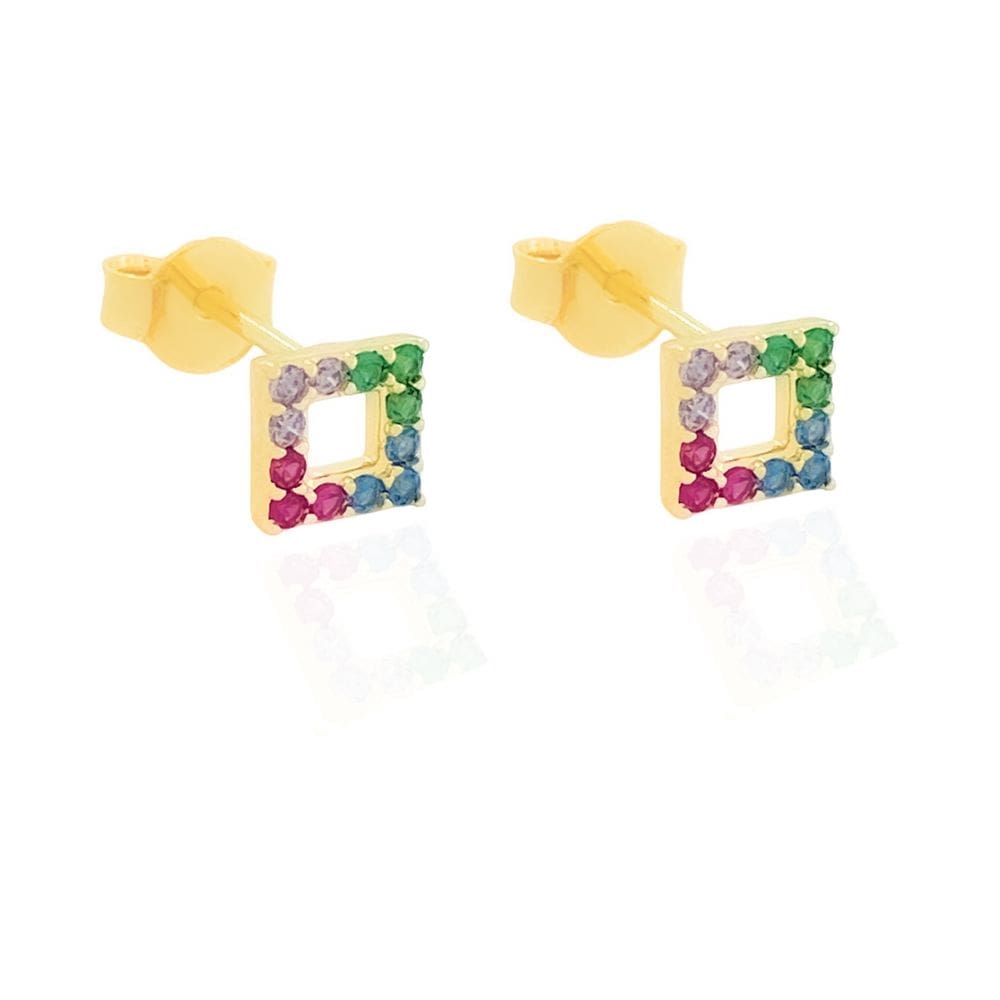 Brinco Quadradinho Zircônias Colors Banhado a Ouro