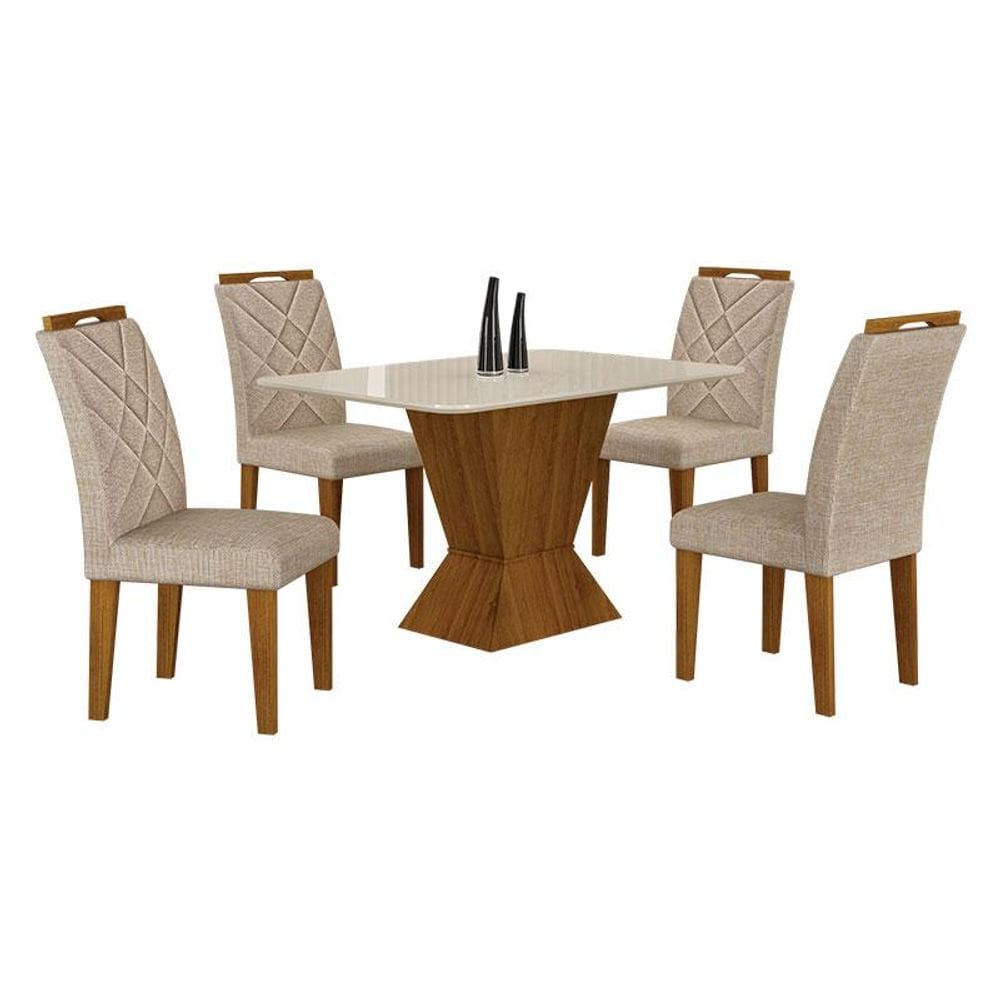Mesa de Jantar Larissa 120x80 Freijó Off White com 4 Cadeiras MDF Freijó Linho Palha - Leifer Móveis