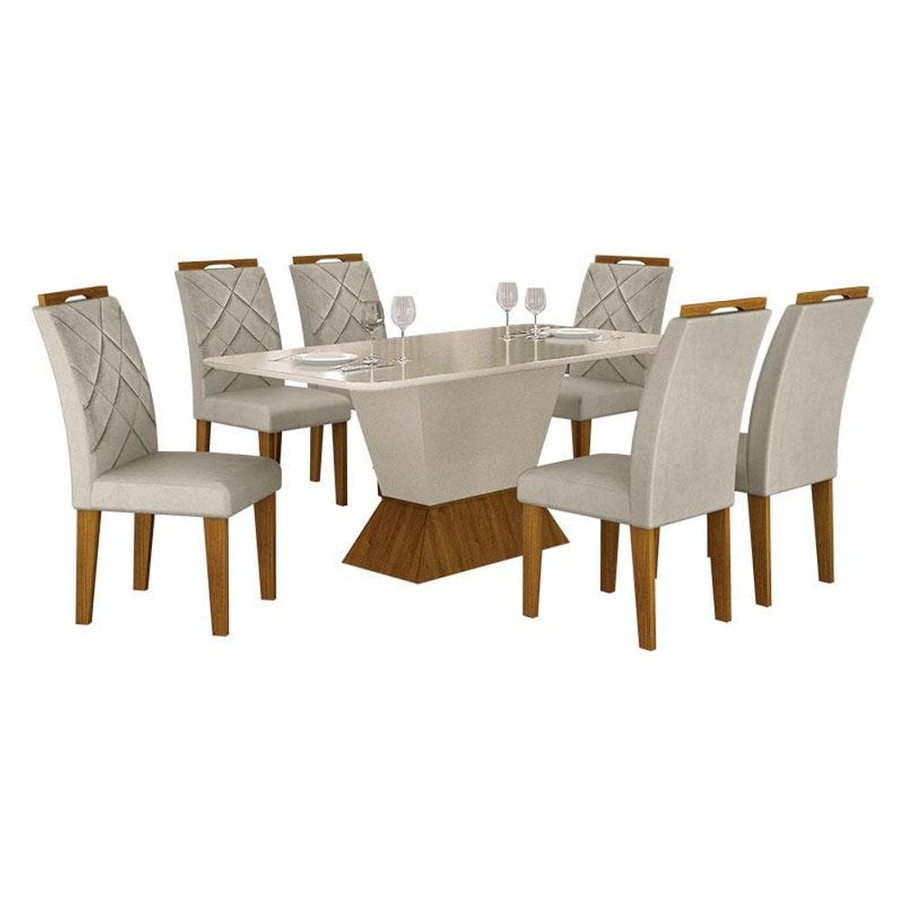 Mesa de Jantar Larissa 180x90 Off White Freijó com 6 Cadeiras MDF Freijó Joli Palha - Leifer Móveis