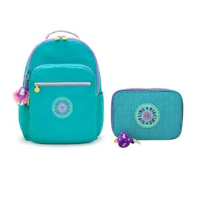 Mochila Seoul + Estojo 100 Pens Kipling Rainbow Verde Água
