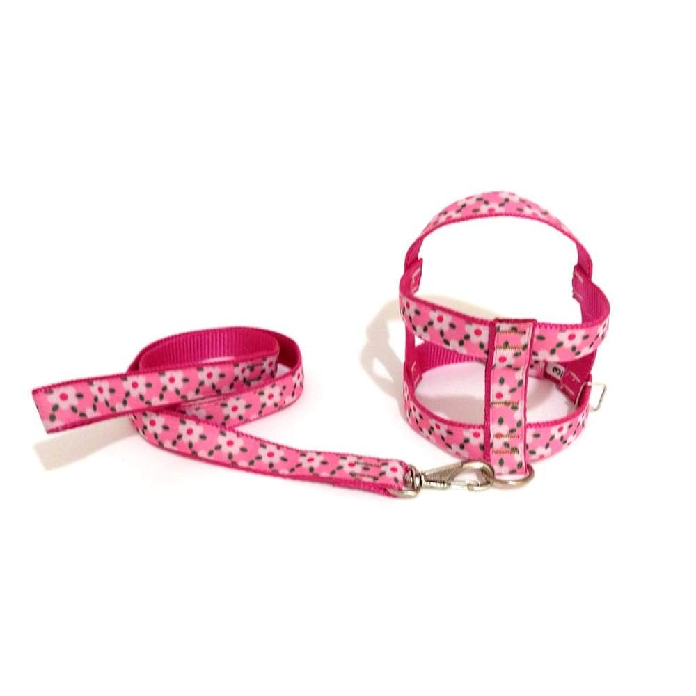 Conjunto Guia Peitoral 25mm rosa floral Tam. 4 42 cm50 cm