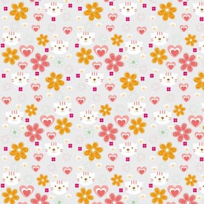 Papel De Parede Cinza Flores Gatinha E Corações Decorativo